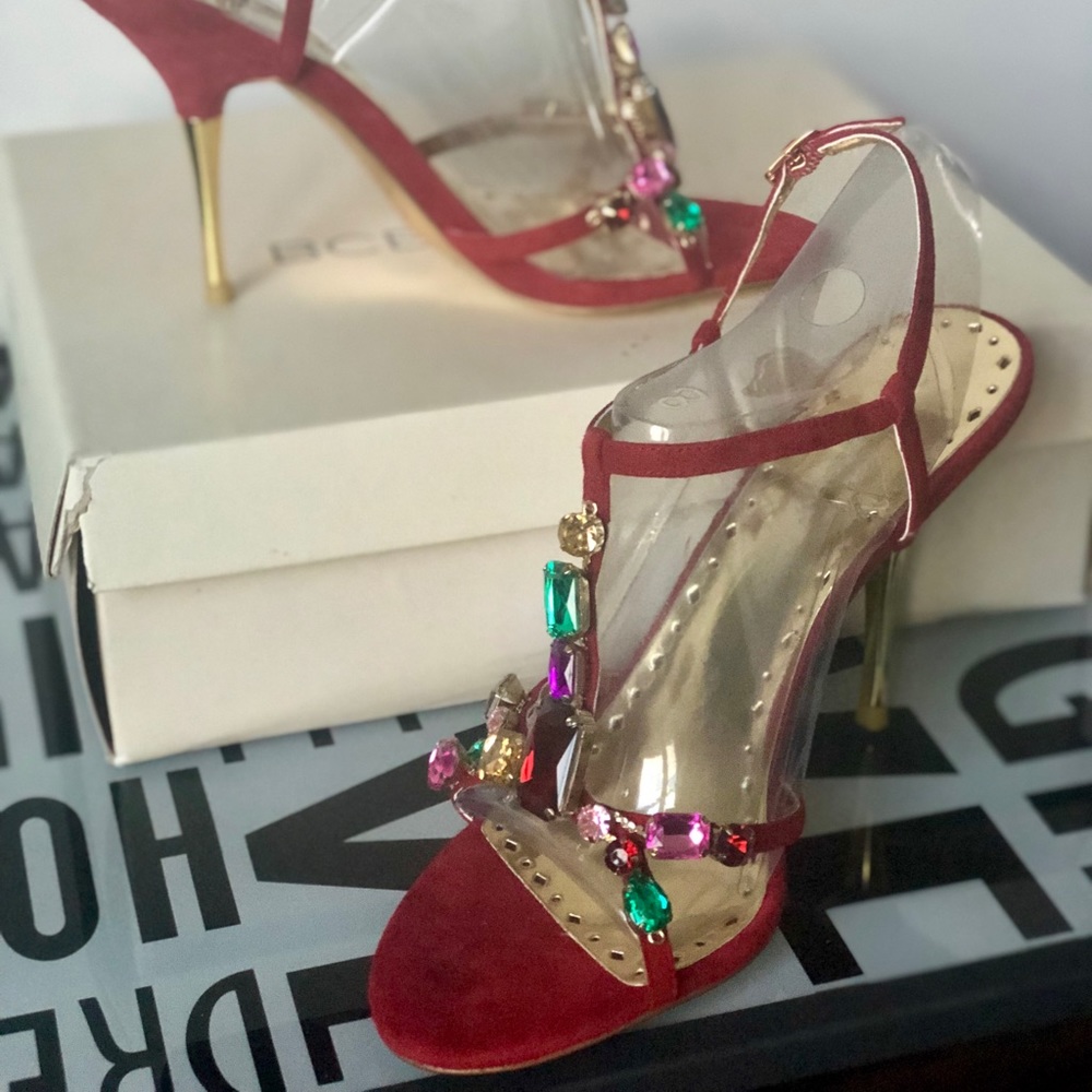 BCBG Generation red suede jewel rhinestone sandals